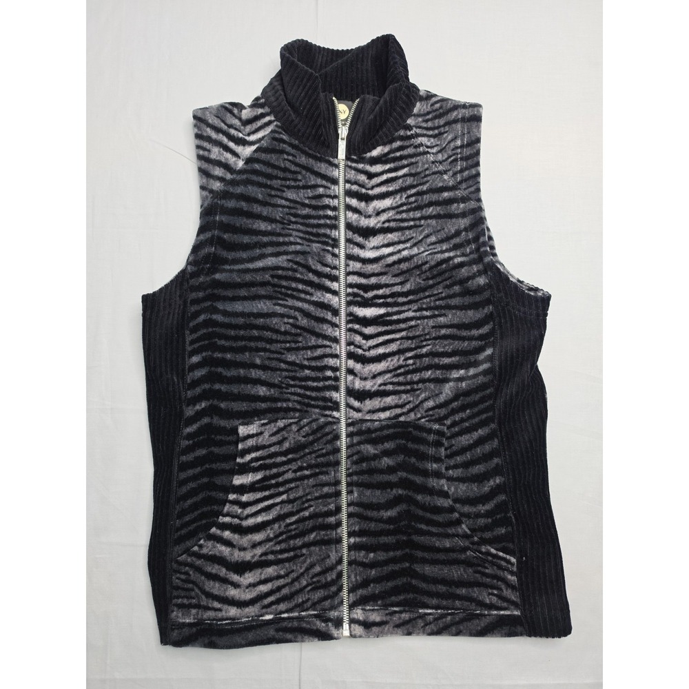 Jones New York Sport Vest Women's Small Petite Black Gray Zebra Print Mock Neck